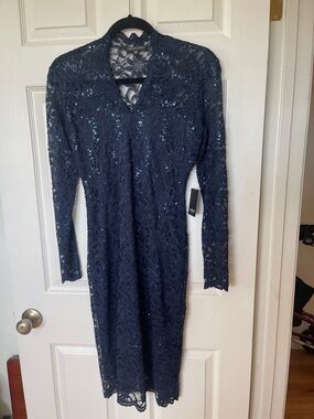 MARINA Navy Lace Long-Sleeve Sequin Sheath Dress